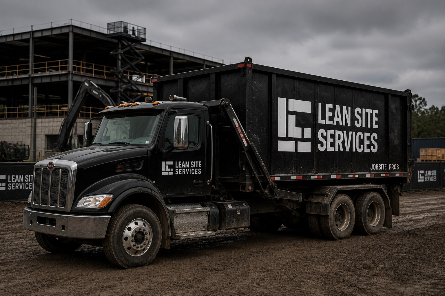 Lean Site Services branded roll-off dumpster truck on a job site